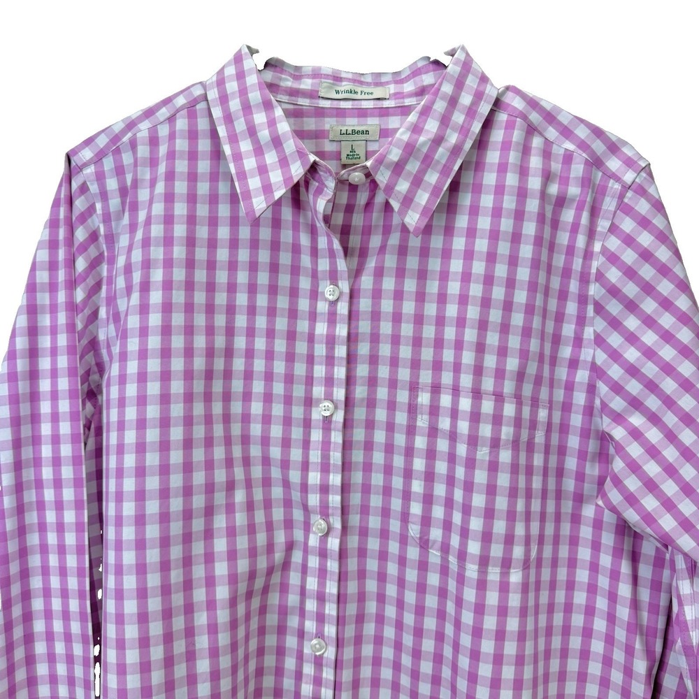 LL Bean Gingham Long Sleeve Wrinkle Free Pinpoint Oxford Button Shirt LARGE - Picture 4 of 10